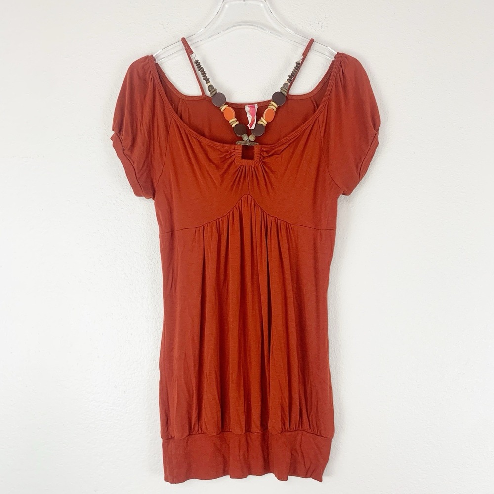 Vintage Y2K‎ Libian Top Womens 1XL Beaded Babydoll Rust Boho Stretch Earthy
